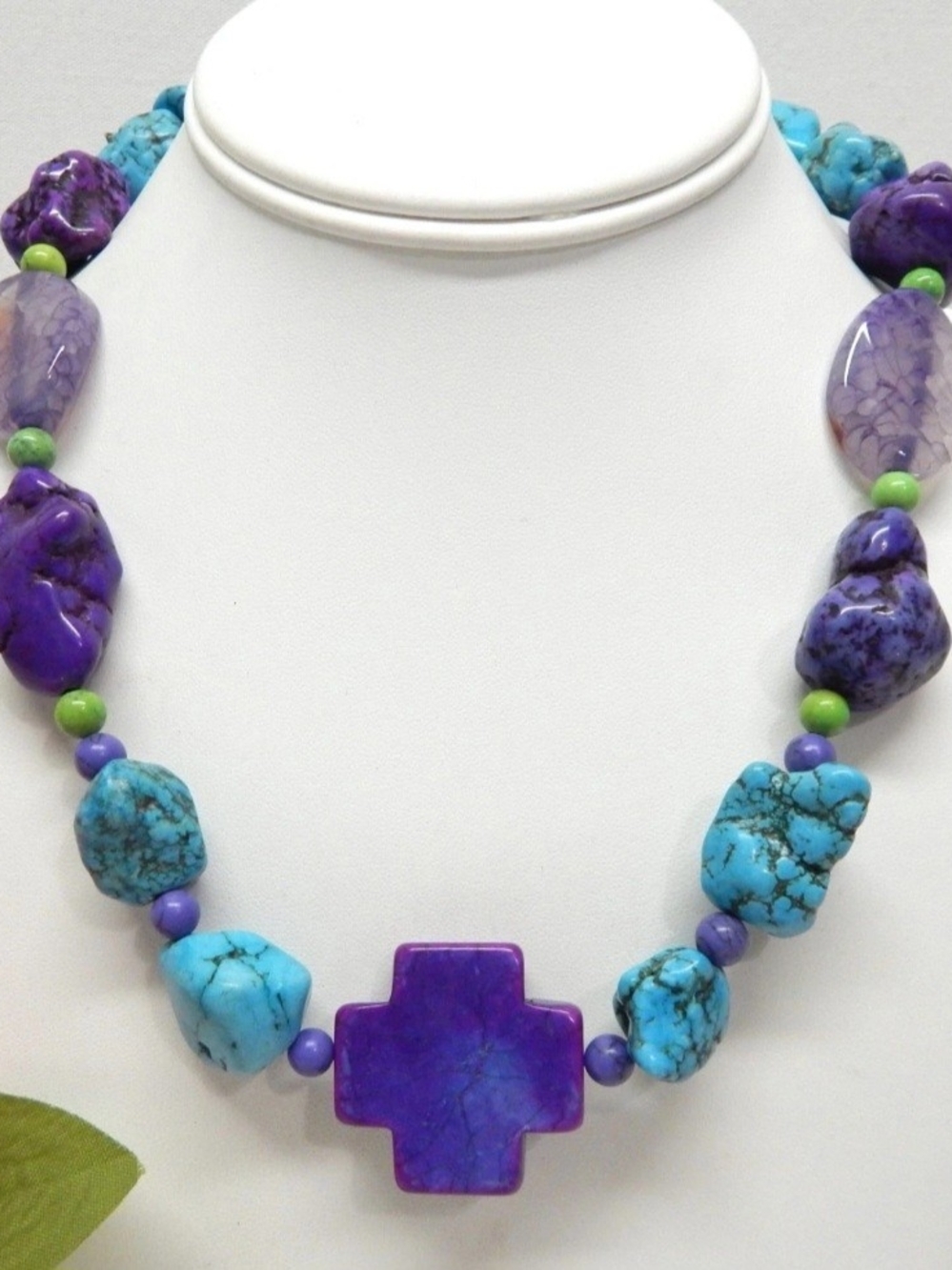 Vibrant Purple & Turquoise Cross Stone Necklace Howlite & Inclusion Quartz